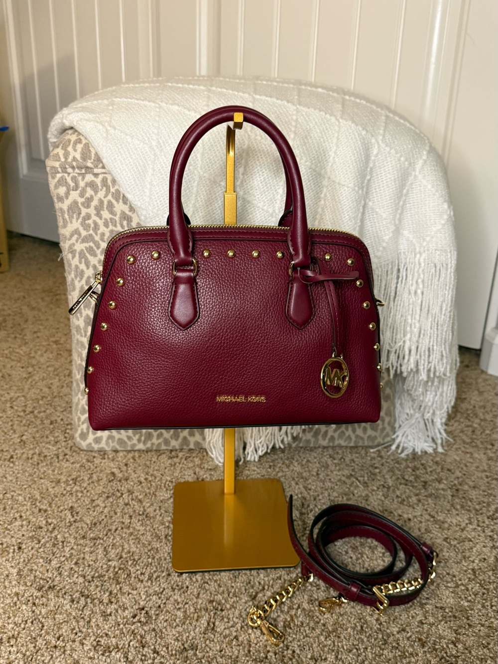 Michael Kors Burgundy Dome Satchel with Gold Studs and MK Charm